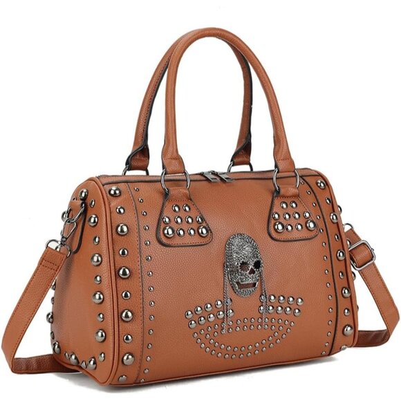 Women's Skull Handbag Large Gothic Shoulder Bag Studded Doctor Bag Brown - Picture 1 of 6